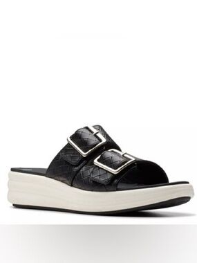 Clarks Cloudsteppers Womens Slide Sandals Drift Buckle Warm Black- Medium